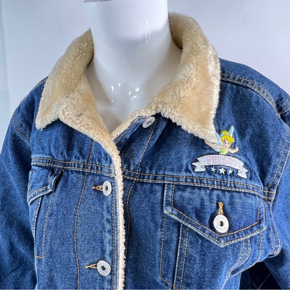 Disney Tinkerbell Denim Jean Jacket Faux Fur Lined Women's Embroidered MED VTG - Picture 4 of 17